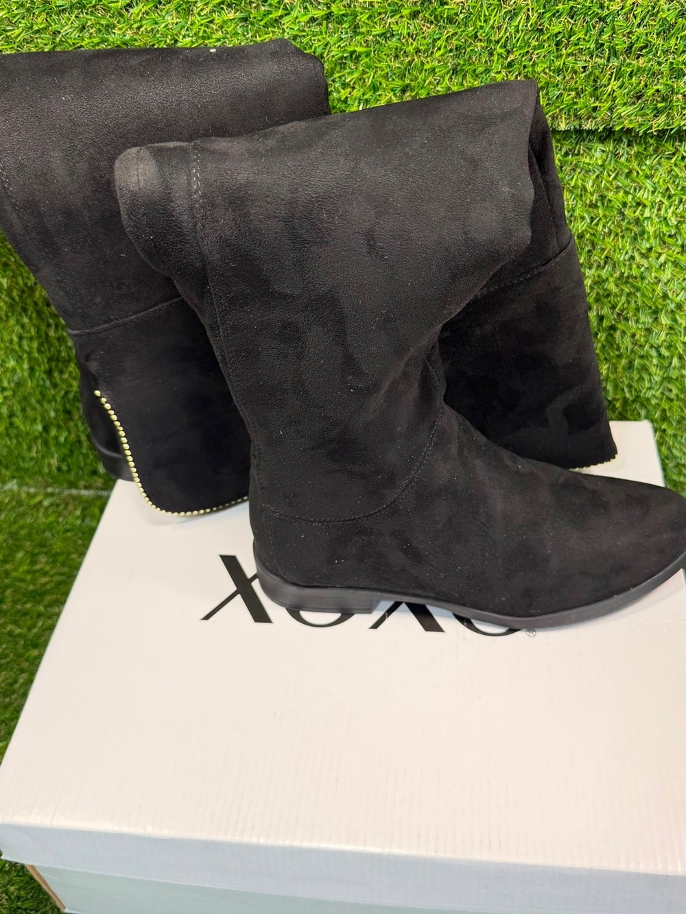 XOXO Tristen Black Over The Knee Boots Faux Suede Beaded Size 6.5 Flat Heel